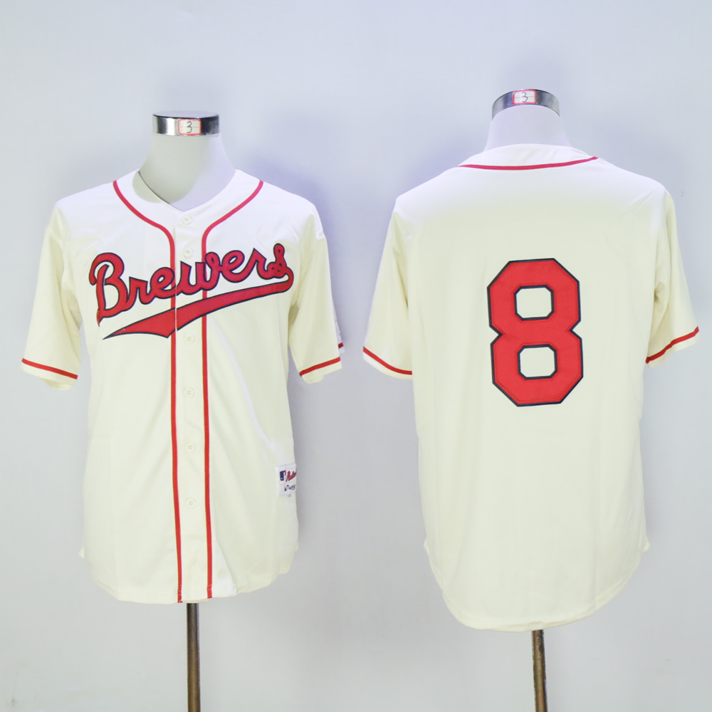 Men Milwaukee Brewers 8 Braun Cream Throwback MLB Jerseys